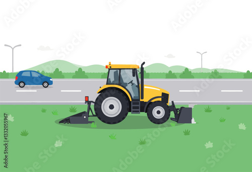 Yellow tractor mowing grass with a blue car passing by