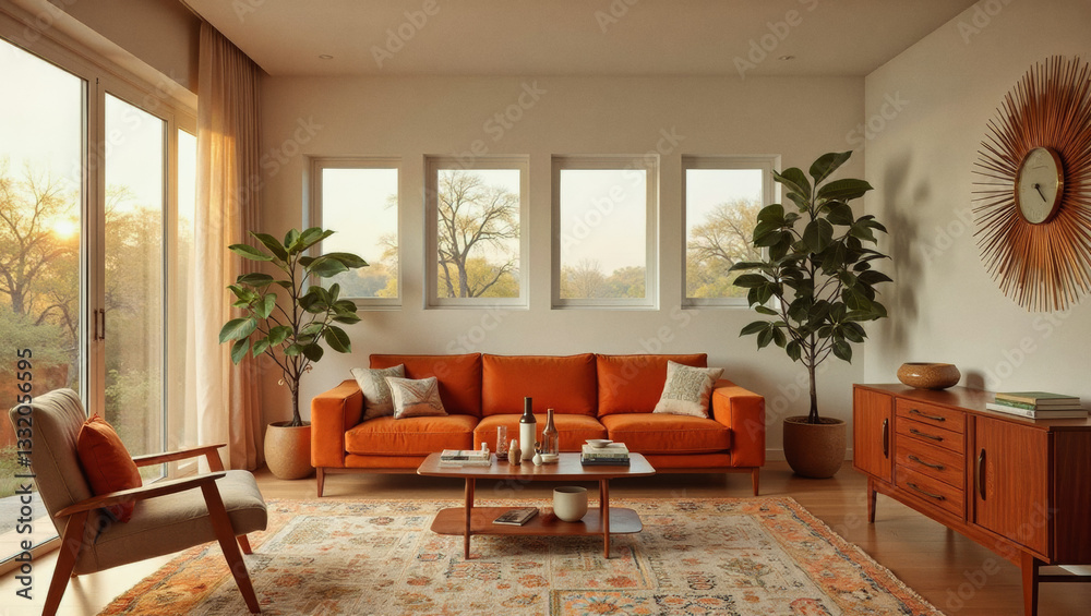 A modern living room with a large window, orange sofa, wooden sideboard, patterned rug, and several potted plants. A modern living room with a large window, orange sofa, wooden sideboard, patterned rug, and several potted plants.
