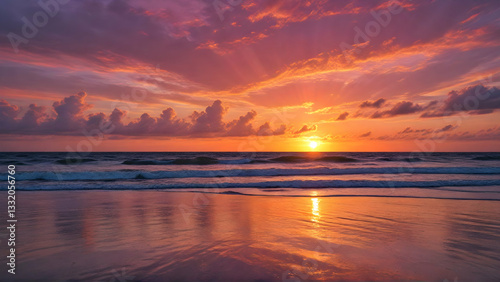 A vibrant sunset the sky with orange and red hues, reflecting beautifully on the tranquil water of sea