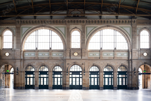 Zurich international main train station. Interior atrium hall view,beautiful architecture, large arches, natural daylight, wide angle, no people