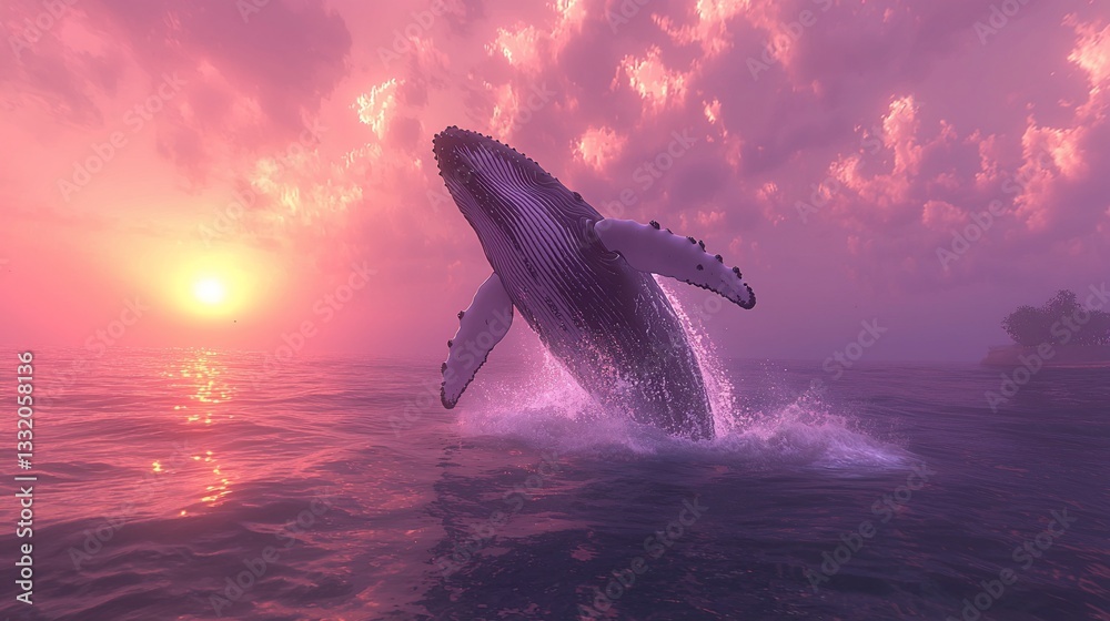 Fototapeta premium Humpback Whale Jumps Ocean Sunset