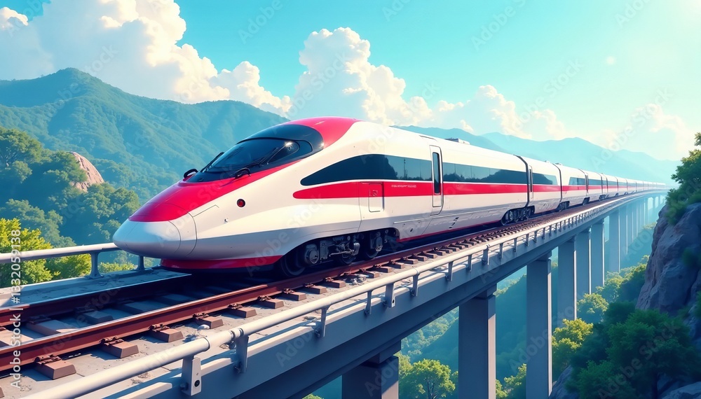 Fototapeta premium Illustration of futuristic high-speed bullet trains on elevated railway, modern, transportation, high-speed