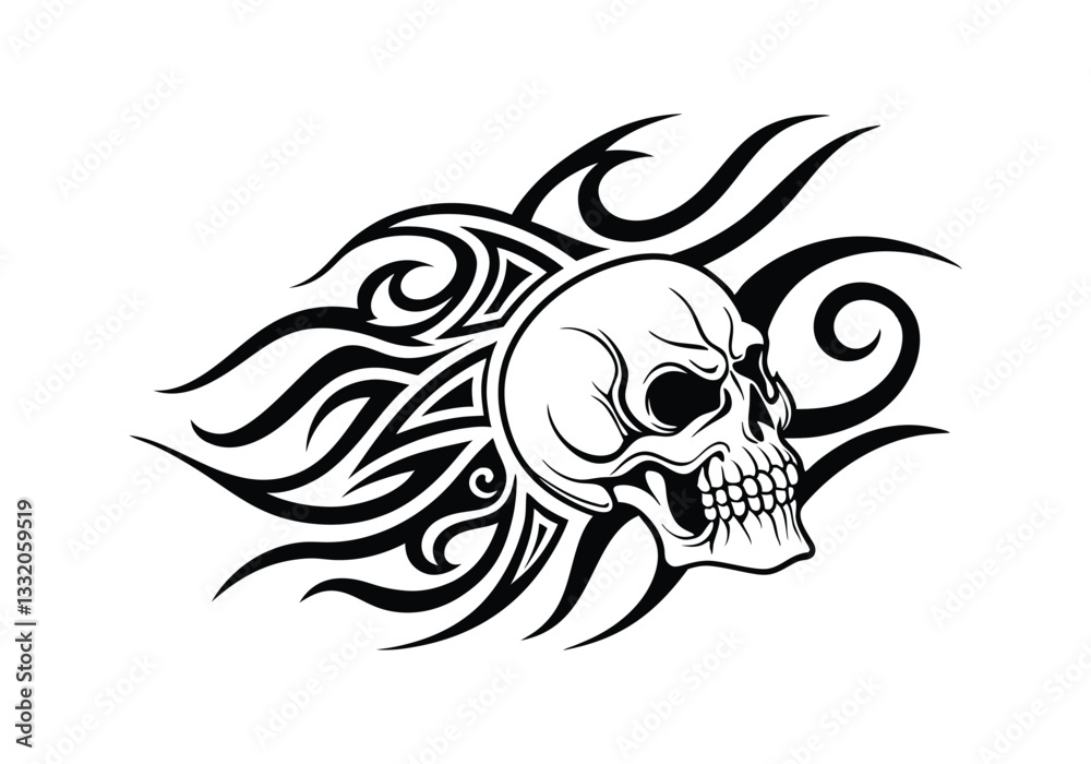Obraz premium Tribal Skull Tattoo Design – Black and White Vector Illustration with Bold Tribal Patterns