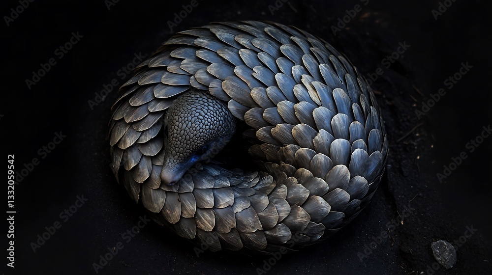 Fototapeta premium Mesmerizing pangolin curled up into a perfect armored ball its textured scales gleaming in the moonlight