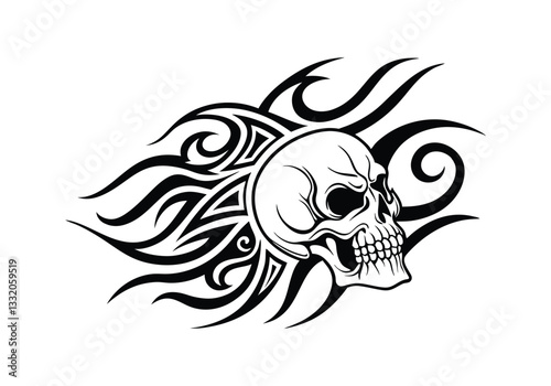 Tribal Skull Tattoo Design – Black and White Vector Illustration with Bold Tribal Patterns