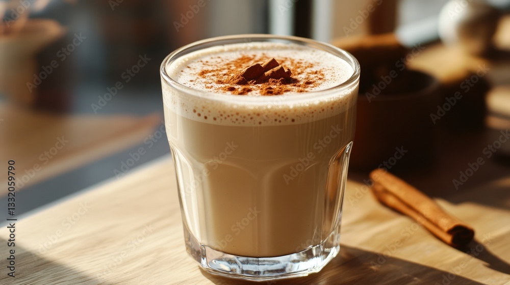 Vegan latte in a heatproof glass with cinnamon topping. Vegan latte in a heatproof glass with cinnamon topping.