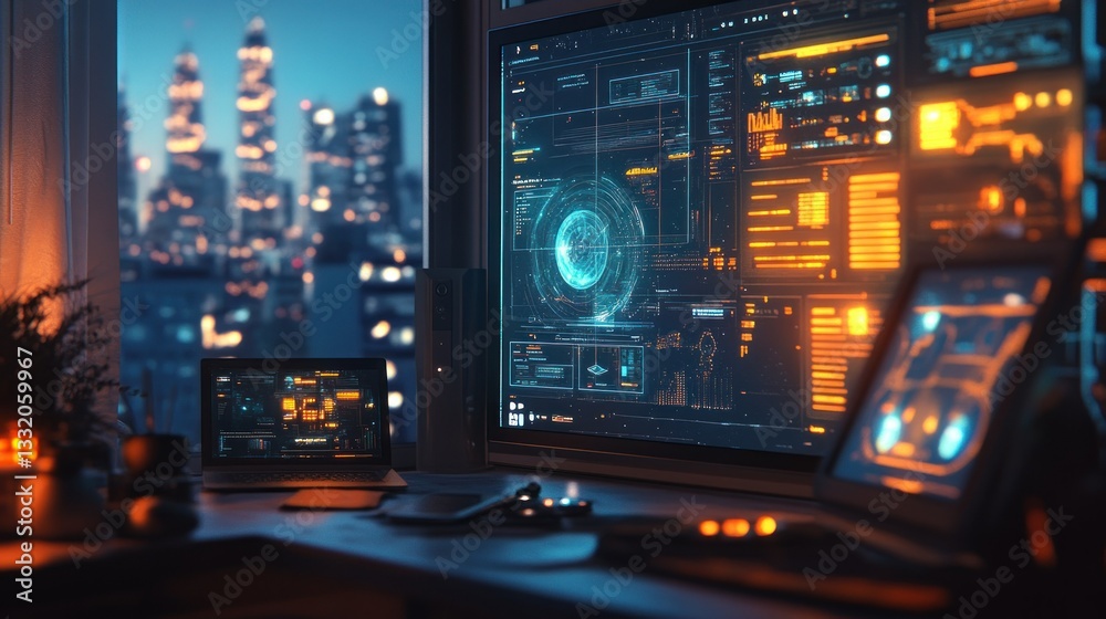 Futuristic technology displays data on screens overlooking cityscape at night Futuristic technology displays data on screens overlooking cityscape at night