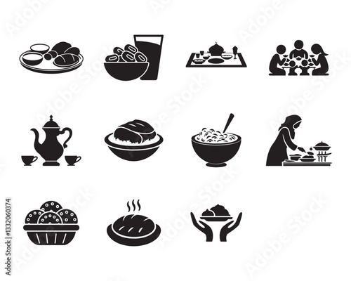 Eid Food and Feasting Icons set. Editable minimalist and outline vector icons.