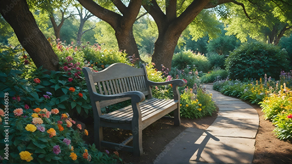 Obraz premium bench in the beautiful garden morning view