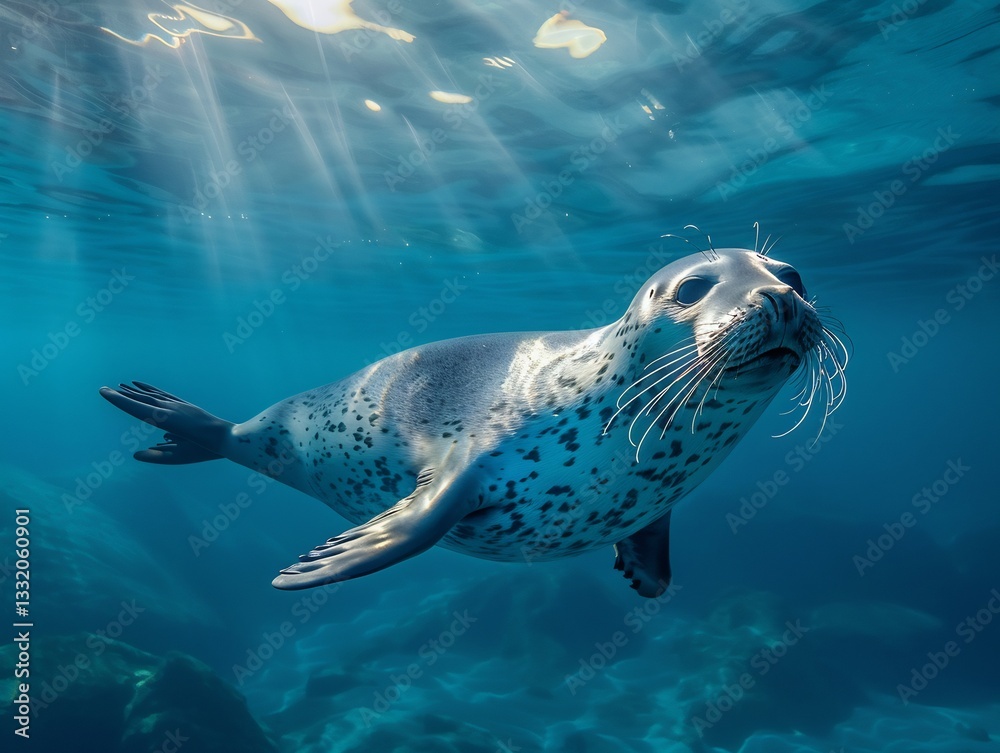 Fototapeta premium Mesmerizing close up of seal swimming through endless ocean fur pattern blending shifting blue of water Sunlight stream through above illuminating detail of sleek powerful form move effortlessly