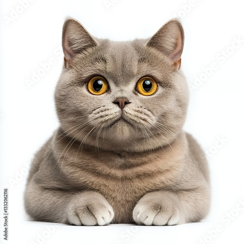 Portrait of a Gray Cat with Bright Yellow Eyes Against a White Background