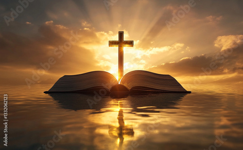 A cross shines above an open Bible, symbolizing the Holy Spirit as God's holy spirit flowing from His word.  photo