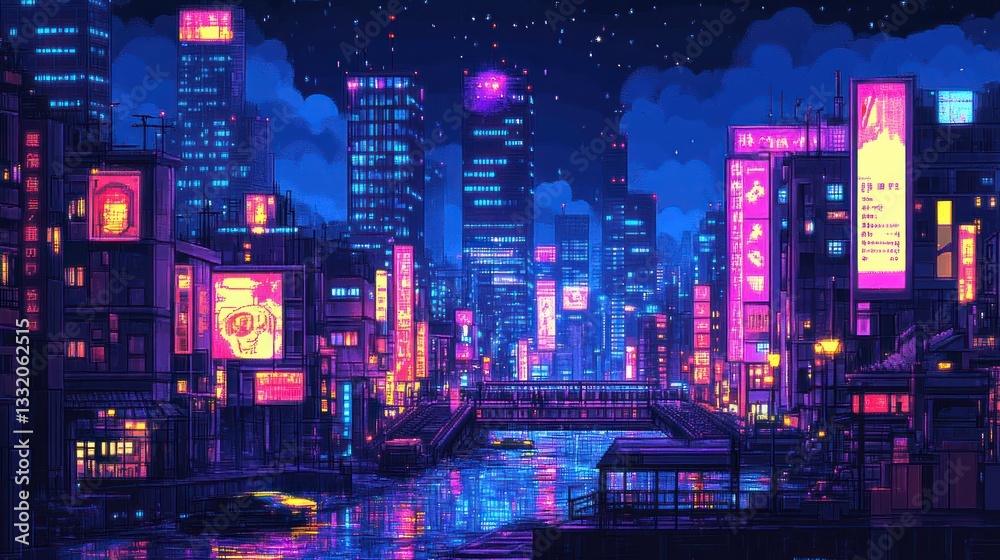 Night cityscape, pixel art, neon lights, river, buildings, futuristic city. Night cityscape, pixel art, neon lights, river, buildings, futuristic city.