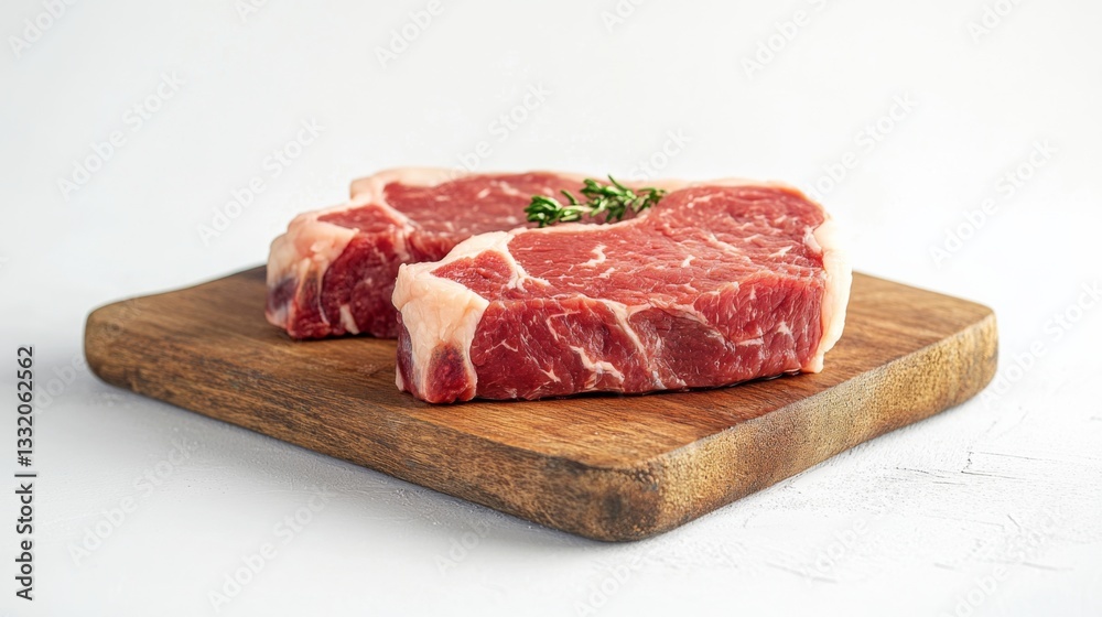 Close-up of two fresh ribeye steaks placed on a wooden cutting board adorned with a sprig of rosemary. ideal for gourmet cooking and dining. Close-up of two fresh ribeye steaks placed on a wooden cutting board adorned with a sprig of rosemary. ideal for gourmet cooking and dining.