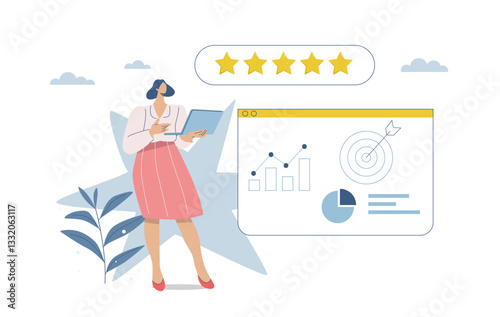 Businesswoman analyzing corporate graphs and data, Task or achievement checklist, Project management, 5 star rating system evaluation. Suitable for business, finance, analysis. Flat vector design.