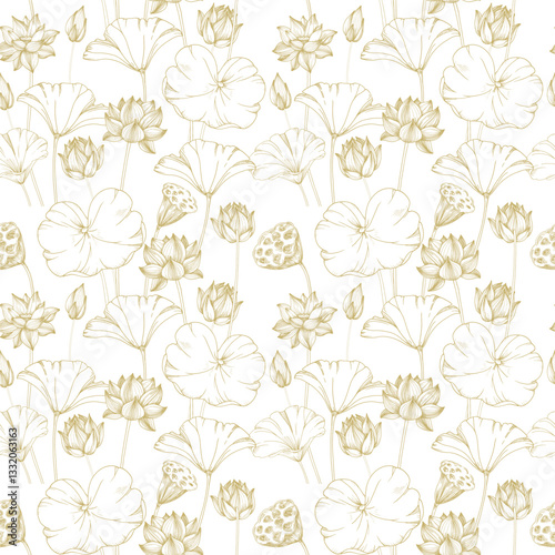 Wallpaper Mural Lotus gold flowers, seed pod and leaves seamless pattern. Vector illustration hand drawn and isolated on white background. Template for label and textile design Torontodigital.ca