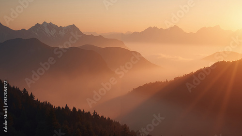 Serene Mountain Landscape with Soft Fog and Golden Sunrise Light
