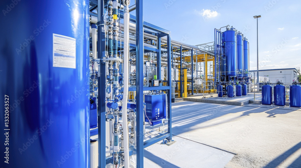 Modern water purification plant with blue tanks and industrial equipment Modern water purification plant with blue tanks and industrial equipment