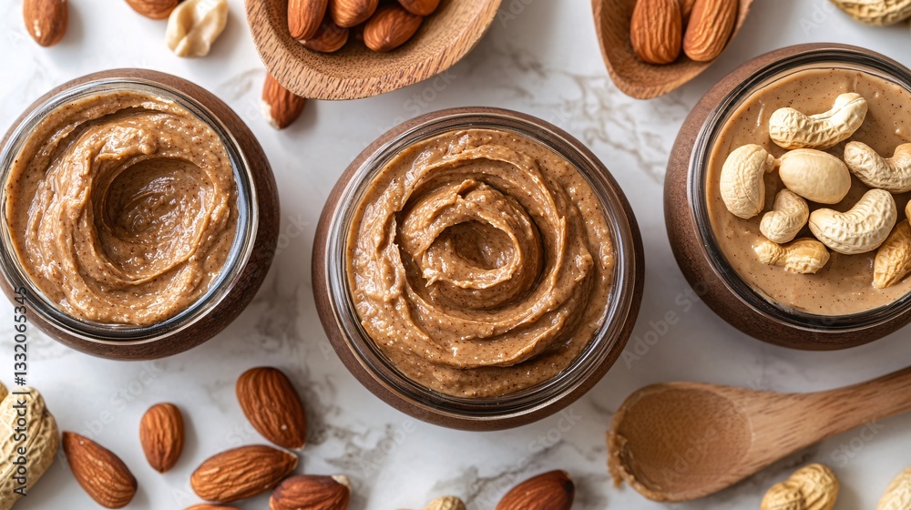 Close up overhead view of jars of nut butters and nuts