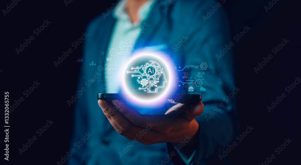 Artificial intelligence AI, circuit board in shape electronic, technology smart robot AI, artificial intelligence by enter command prompt for generates.