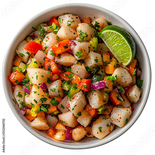 A Bowl of Shrimp and Vegetable Salad with Lime Wedge Isolated on Transparent Background