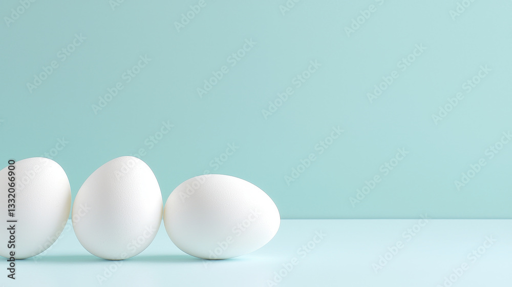 Three white eggs on pastel blue background, symbolizing simplicity and minimalism Three white eggs on pastel blue background, symbolizing simplicity and minimalism