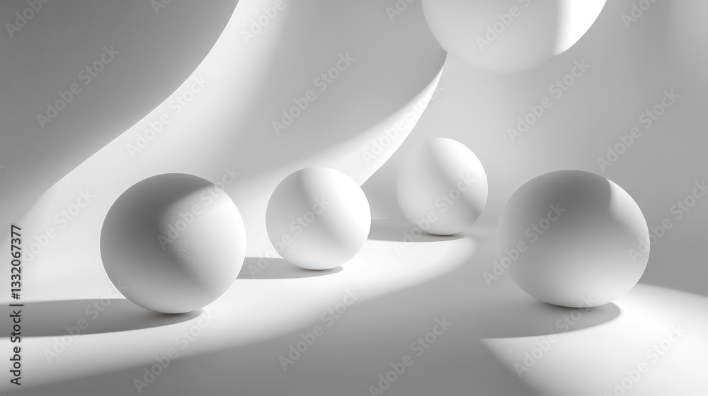 Abstract Composition of White Spheres on Curved Surfaces in a Minimalist Monochrome Setting Abstract Composition of White Spheres on Curved Surfaces in a Minimalist Monochrome Setting