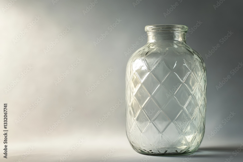 A clear glass jar with diamond pattern texture stands alone A clear glass jar with diamond pattern texture stands alone