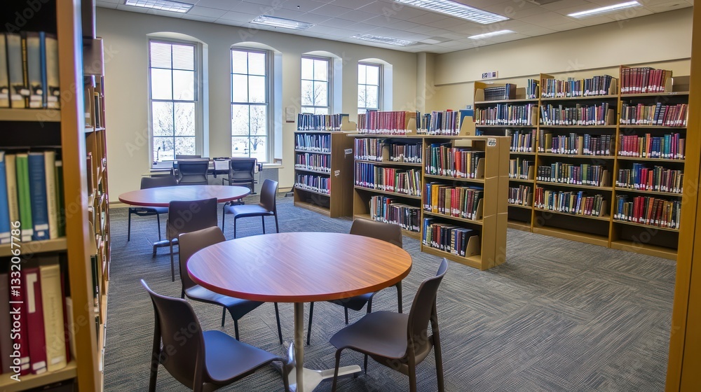 A well lit library containing bookshelves and tables and chairs A well lit library containing bookshelves and tables and chairs