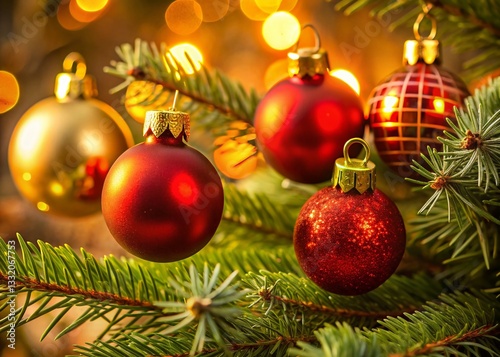 Sparkling Christmas Tree Ornaments: Festive Red & Gold Globes on Branch