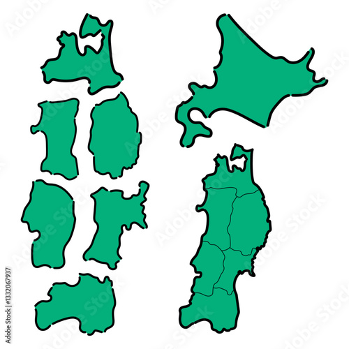 日本地図_北海道・東北地方の手描き地図セット_カラー