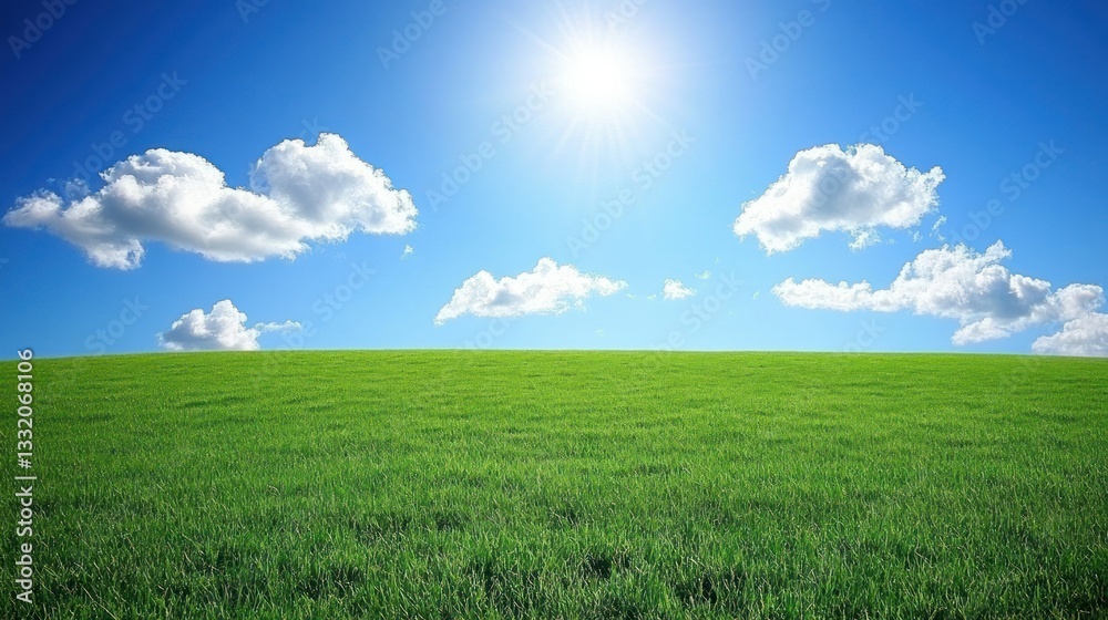 A Bright Sun Shines Over Green Grassy Field Under Blue Sky A Bright Sun Shines Over Green Grassy Field Under Blue Sky