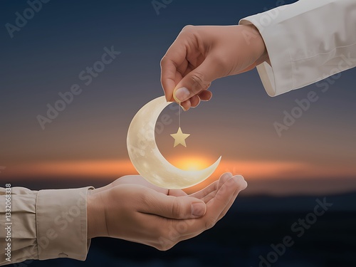 Eid al-Fitr and Ramadan concept background. Giving zakat or sadaqah to poor people Islamic