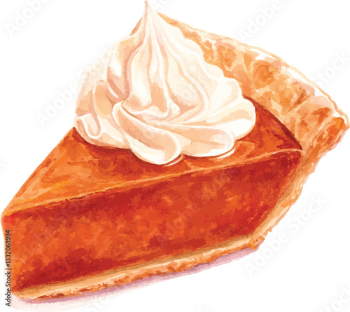 Watercolor Slice of Pumpkin Pie with Whipped Cream, Isolated on White