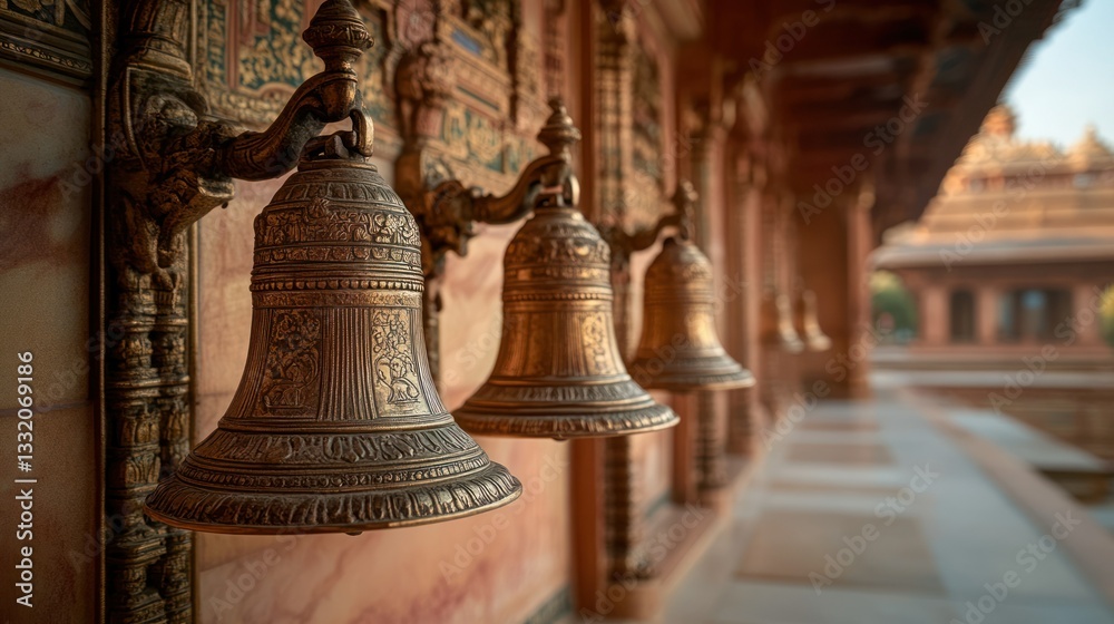 Bronze Bells Hanging Along an Ornate Wall with Decorative Architecture Bronze Bells Hanging Along an Ornate Wall with Decorative Architecture