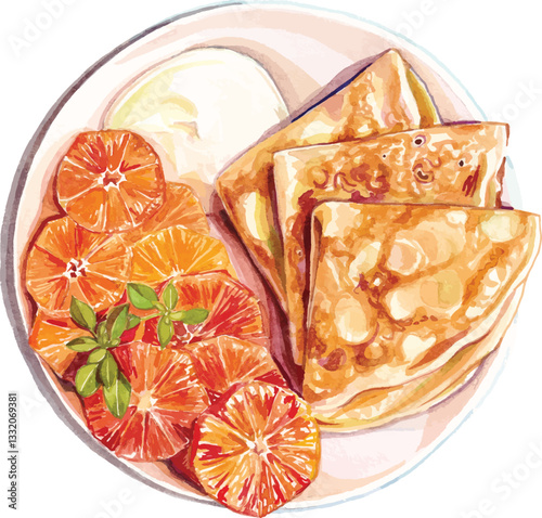 Watercolor Pancakes with Blood Oranges and Cream, Top View.