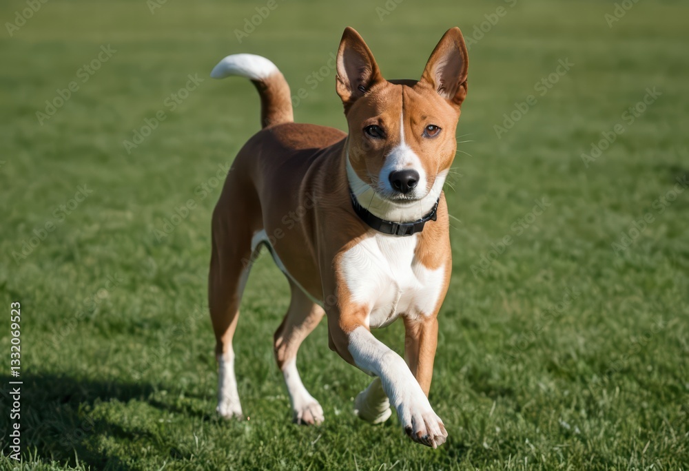 basenji dog running in the park of a city, urban citylife basenji dog running in the park of a city, urban citylife