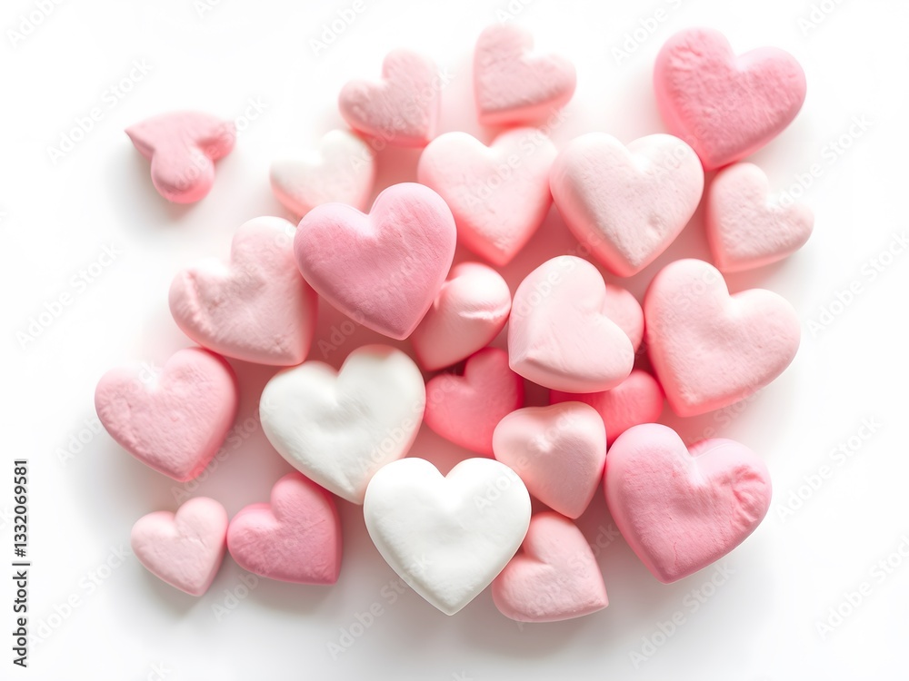 Fototapeta premium A Sweet Pile Of Pink And White Heart-shaped Marshmallows, A Delightful Valentines Day Treat, Overflowing With Love And Affection Against A Clean White Background