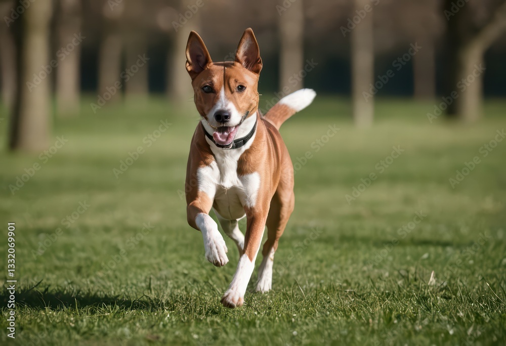 basenji dog running in the park of a city, urban citylife basenji dog running in the park of a city, urban citylife