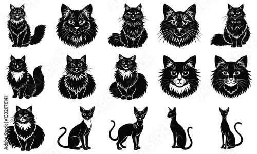Cat vector isolated silhouette set,Cat silhouette collection. Set of black cat silhouette. Kitten silhouette collection. Cat silhouette set vector illustration
