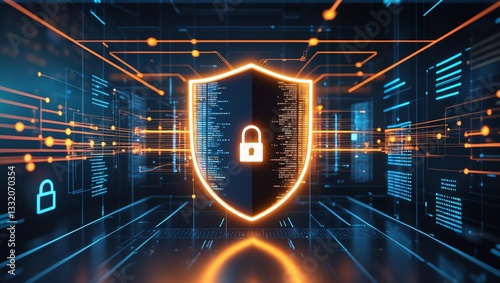 Network Security Background with Digital Shield and Lock Symbol