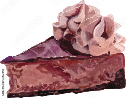 Chocolate Cheesecake Slice with Whipped Cream, Watercolor Isolated on White