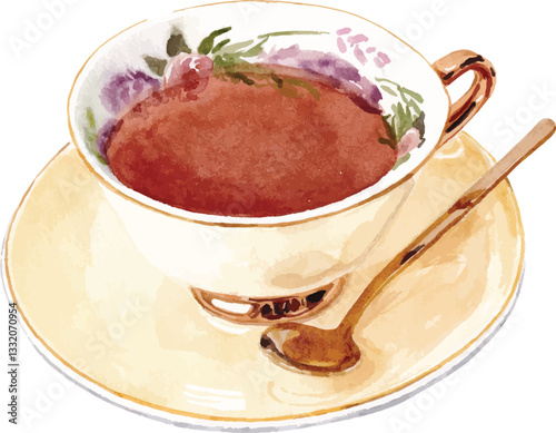 Watercolor Illustration of Tea Cup and Saucer on White Background