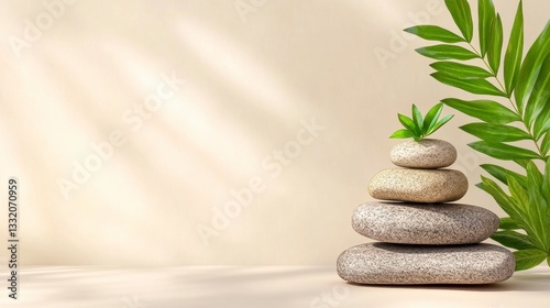 Speckled Gray Stones Stack with Green Plant and Fern Leaf on Beige Background