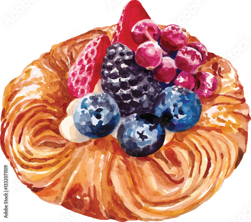 Watercolor Fruit Danish Pastry Isolated on White