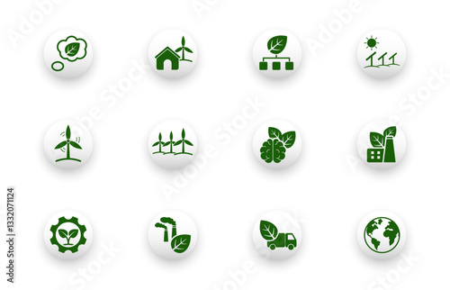 Icon set with green industry icons, green transport, wind turbines, environmental awareness. Solid vector icons.