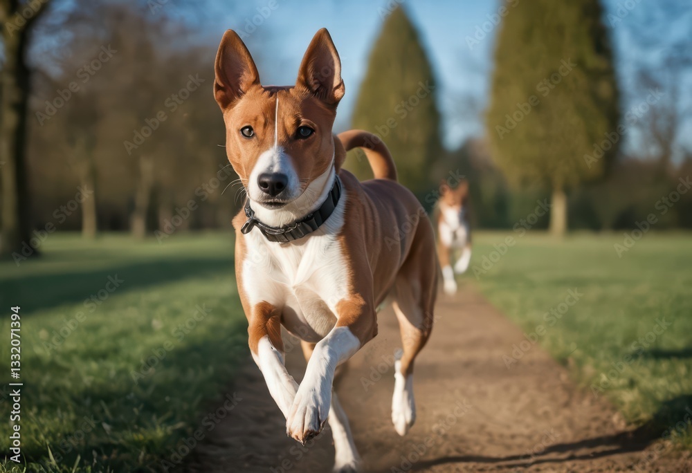 basenji dog running in the park of a city, urban citylife basenji dog running in the park of a city, urban citylife