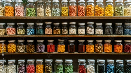 Wallpaper Mural Assortment of colorful seeds stored in glass jars on shelves Torontodigital.ca