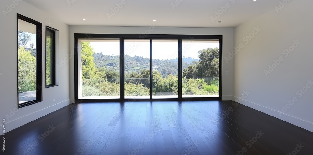 Fototapeta premium A spacious, modern interior with large windows showcasing a scenic outdoor view, featuring neutral walls and dark flooring.