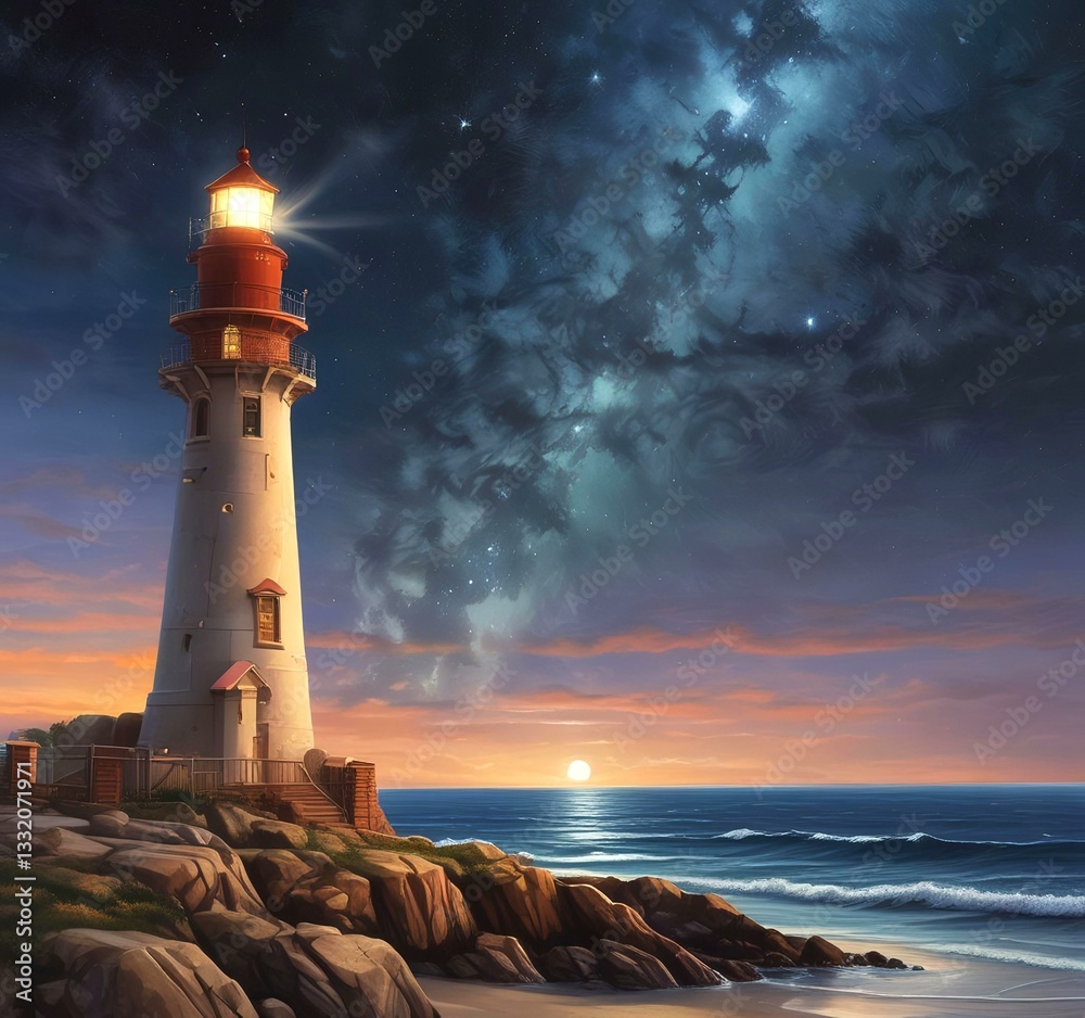 Naklejka premium Illustration of lighthouse with starry sky.